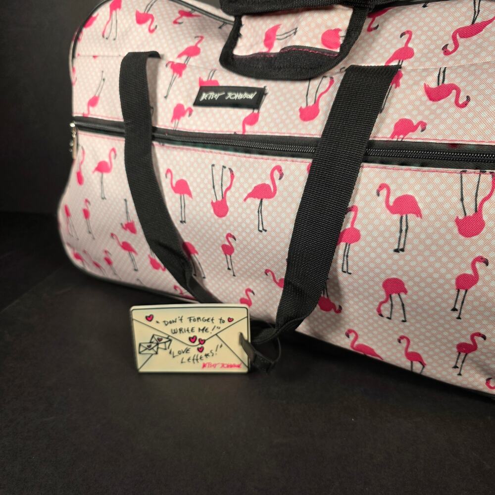 Betsy Johnson Pink Flamingo Strut 22" Weekender Carry-on Rolling Suitcase Handle - Picture 2 of 16